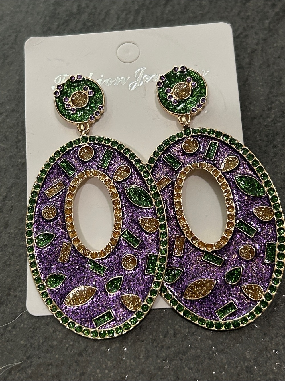 Mardi Gras Purple & Green Oval Drop Earrings